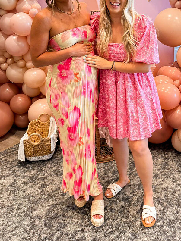fotobeyou Pleated Bandeau Backless Back Bowknot Tie Back Tie Dye Party Bodycon Mermaid Babyshower Maternity Maxi Dress