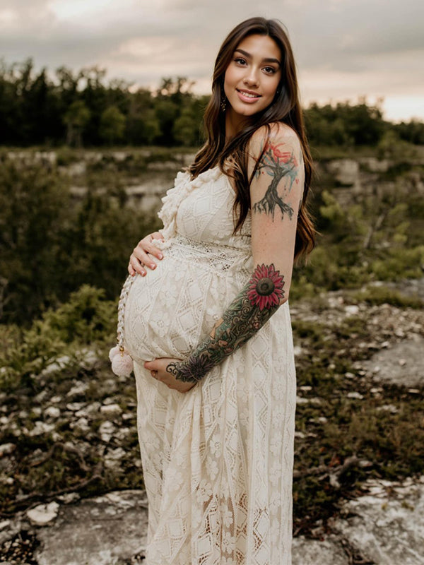 fotobeyou Lace Bohemian Spaghetti Strap Tassel Backless V-Neck Photoshoot Maternity Maxi Dress