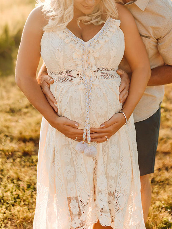 fotobeyou Lace Bohemian Spaghetti Strap Tassel Backless V-Neck Photoshoot Maternity Maxi Dress