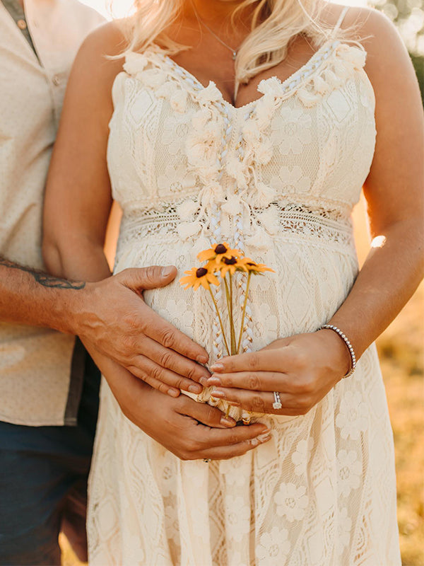 fotobeyou Lace Bohemian Spaghetti Strap Tassel Backless V-Neck Photoshoot Maternity Maxi Dress