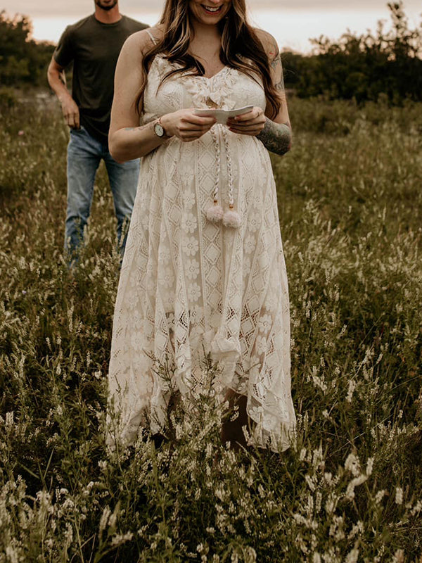 fotobeyou Lace Bohemian Spaghetti Strap Tassel Backless V-Neck Photoshoot Maternity Maxi Dress