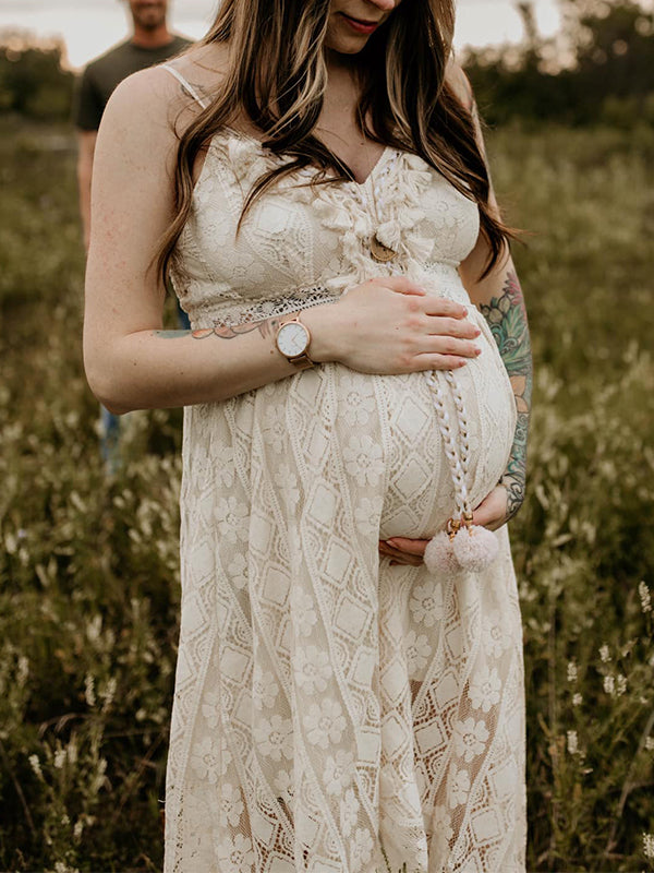 fotobeyou Lace Bohemian Spaghetti Strap Tassel Backless V-Neck Photoshoot Maternity Maxi Dress