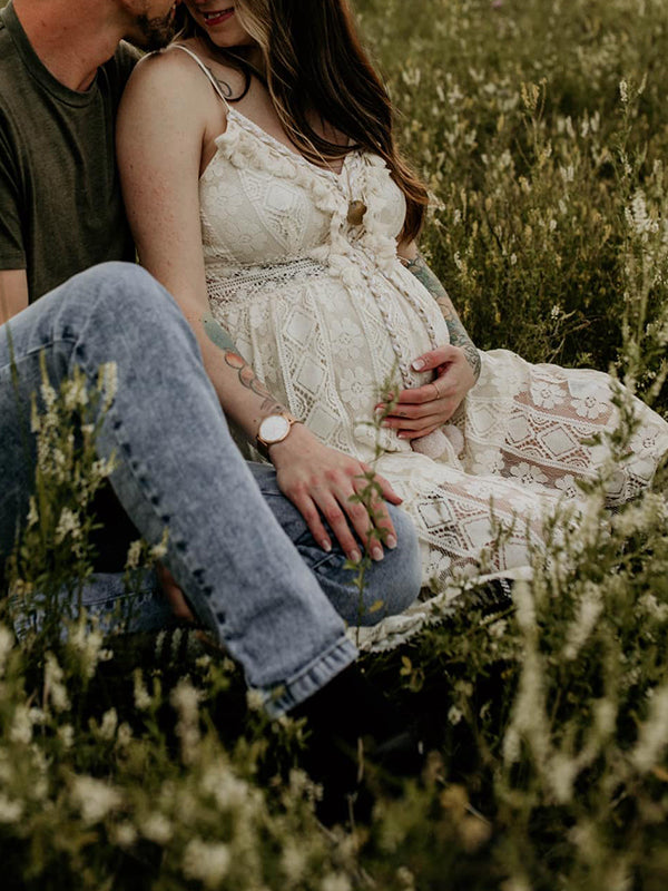 fotobeyou Lace Bohemian Spaghetti Strap Tassel Backless V-Neck Photoshoot Maternity Maxi Dress