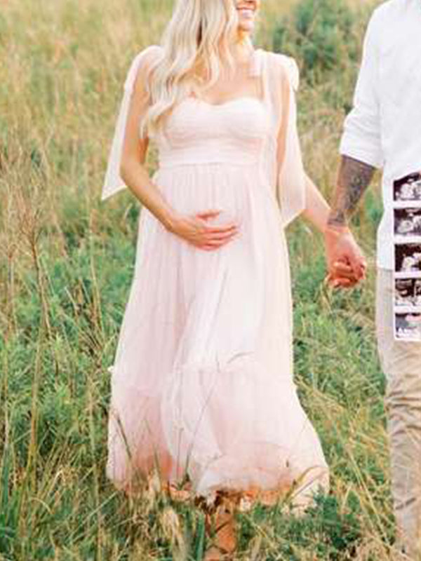 fotobeyou Light Pink Polka Dot Bow Ruffle Falbala Tie-Shoulder A-line Tulle Princess Dress Maxi Dress