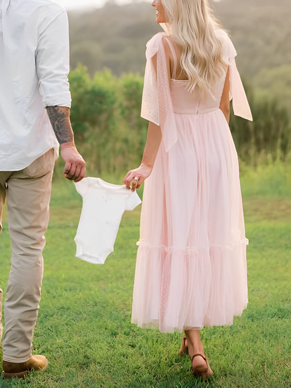 fotobeyou Light Pink Polka Dot Bow Ruffle Falbala Tie-Shoulder A-line Tulle Princess Dress Maxi Dress