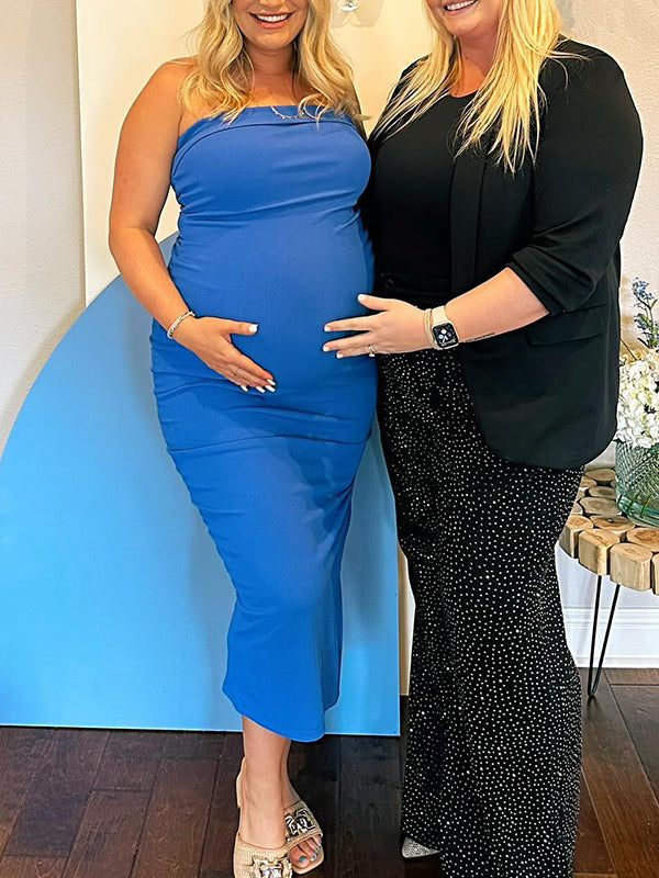 fotobeyou Blue Knit Bandeau Side Slit Strapless Bodycon Eleagnt Going Out Maternity Photoshoot Baby Shower Maxi Dress