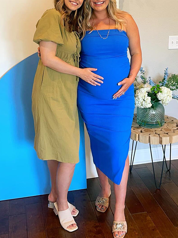 fotobeyou Blue Knit Bandeau Side Slit Strapless Bodycon Eleagnt Going Out Maternity Photoshoot Baby Shower Maxi Dress