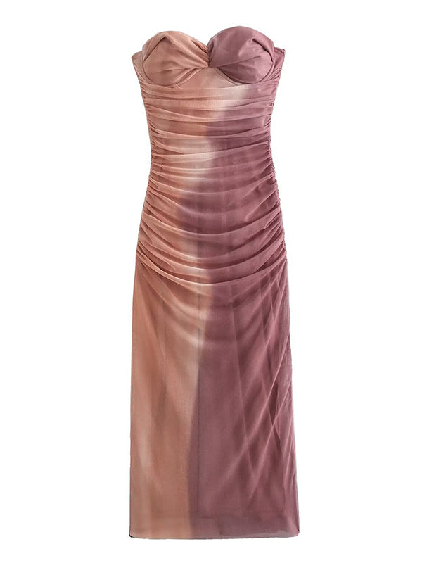 fotobeyou Tie Dye Mesh Ruched Bandeau Strapless Bodycon Chic Gender Reveal Party Maternity Photoshoot Baby Shower Maxi Dress