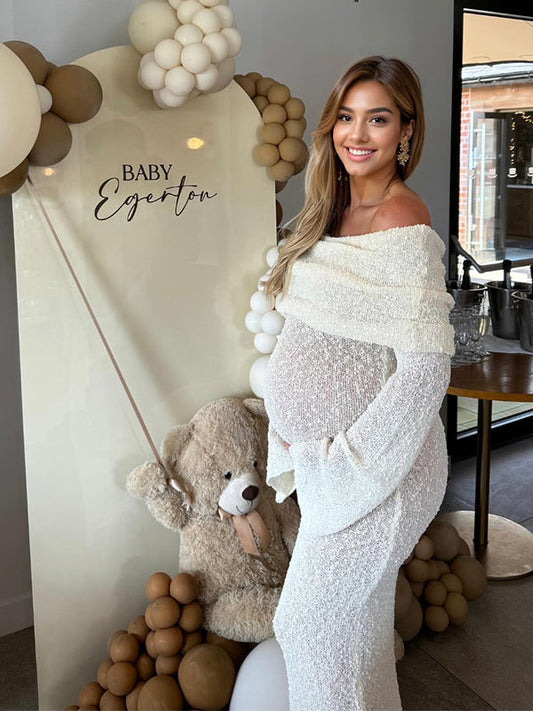 fotobeyou Solid Color Off Shoulder Hollow Out Knitwear Bodycon Beach Vacation Dress Baby Shower Maternity Maxi Dress
