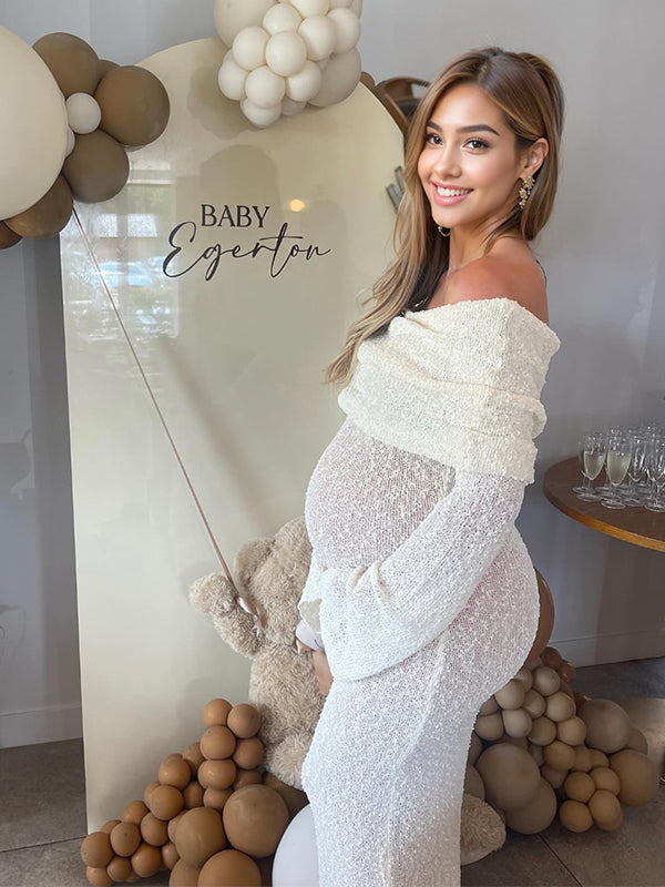 fotobeyou Solid Color Off Shoulder Hollow Out Knitwear Bodycon Beach Vacation Dress Baby Shower Maternity Maxi Dress