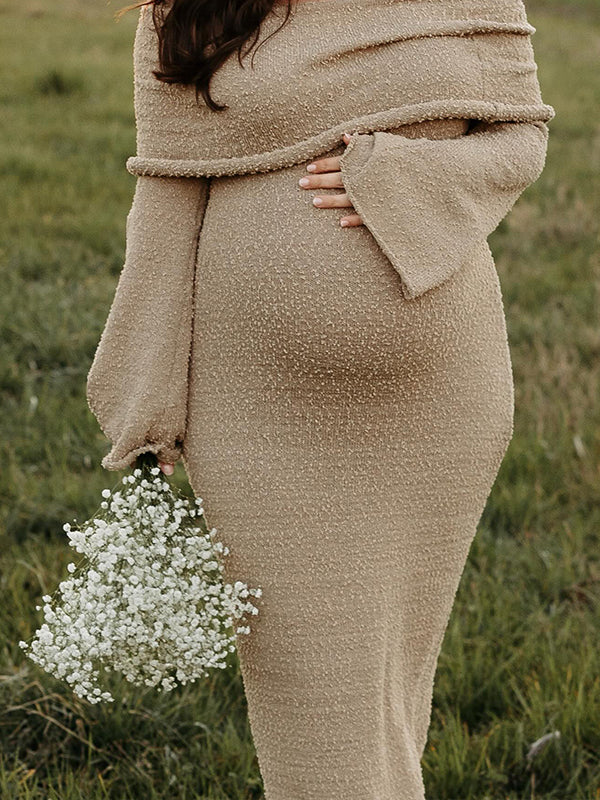 fotobeyou Off Shoulder Hollow Out Knitwear Maternity Maxi Dress
