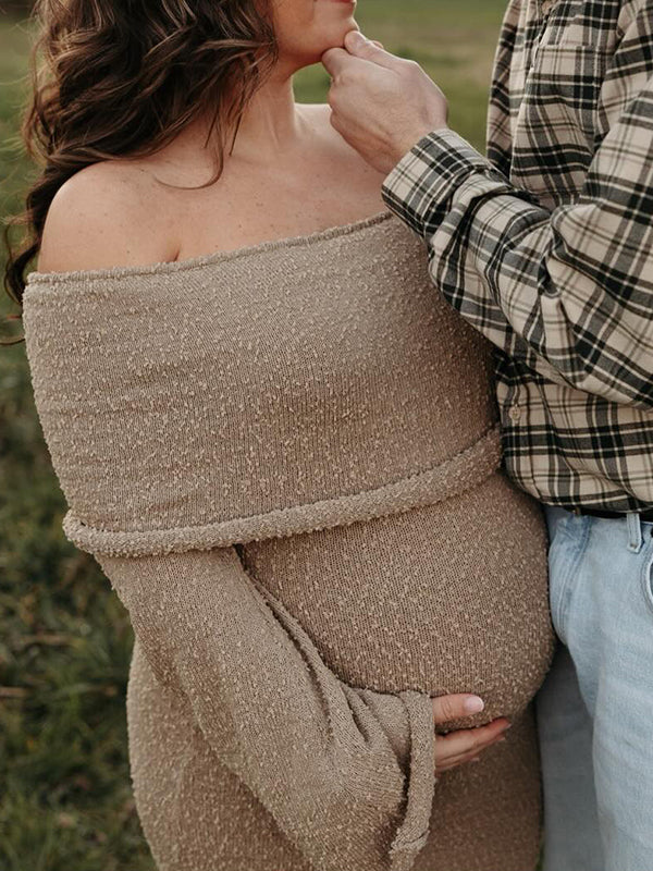 fotobeyou Off Shoulder Hollow Out Knitwear Maternity Maxi Dress
