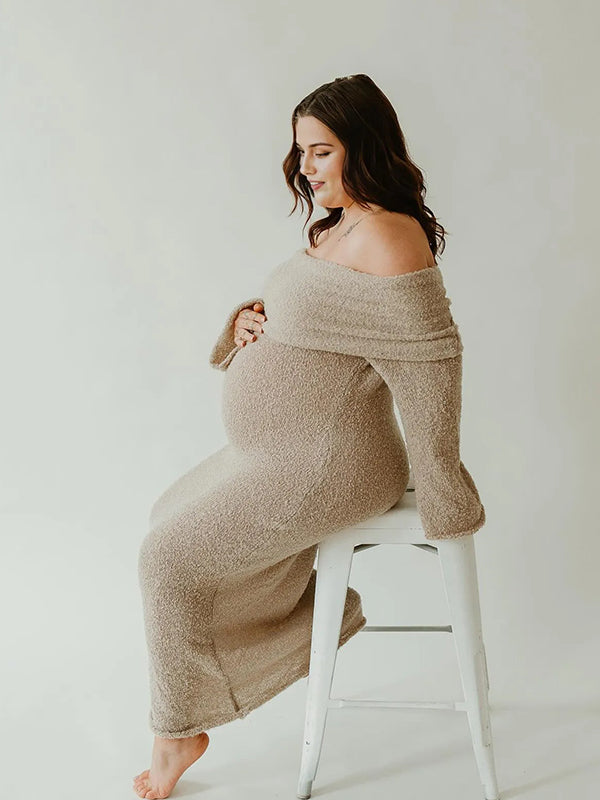fotobeyou Off Shoulder Hollow Out Knitwear Maternity Maxi Dress