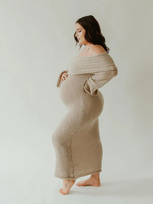 fotobeyou Off Shoulder Hollow Out Knitwear Maternity Maxi Dress