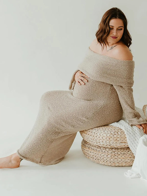 fotobeyou Off Shoulder Hollow Out Knitwear Maternity Maxi Dress