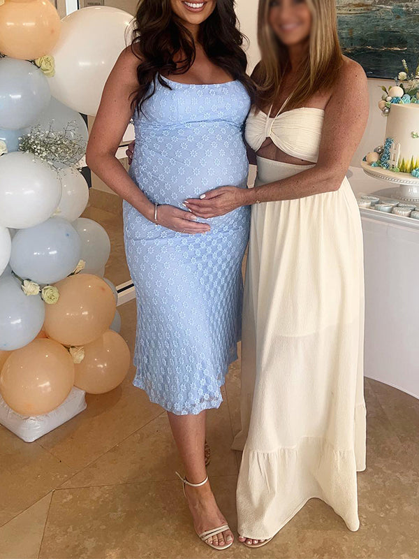 fotobeyou Blue Spaghetti Strap Bodycon Mermaid Backless Baby Shower Maternity Maxi Dress