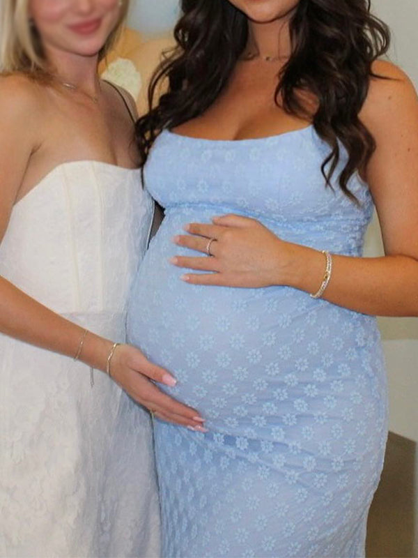 fotobeyou Blue Spaghetti Strap Bodycon Mermaid Backless Baby Shower Maternity Maxi Dress