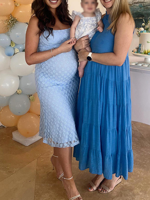 fotobeyou Blue Spaghetti Strap Bodycon Mermaid Backless Baby Shower Maternity Maxi Dress
