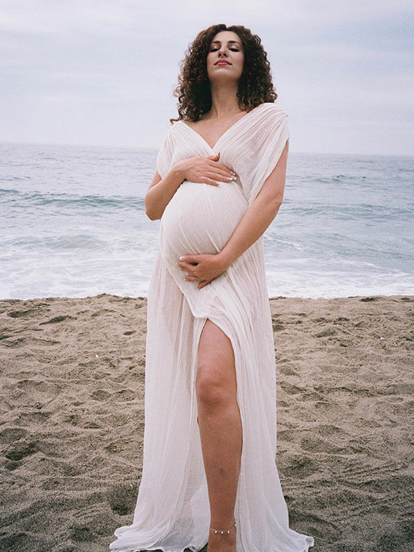 fotobeyou White Irregular Side Slit Off Shoulder Deep V-neck Flowy Beach Cover Up Elegant Vacation Maternity Photoshoot Baby Shower Maxi Dress