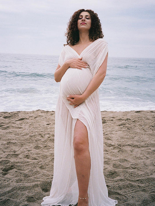 fotobeyou White Irregular Side Slit Off Shoulder Deep V-neck Flowy Beach Cover Up Elegant Vacation Maternity Photoshoot Baby Shower Maxi Dress