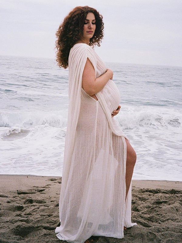 fotobeyou White Irregular Side Slit Off Shoulder Deep V-neck Flowy Beach Cover Up Elegant Vacation Maternity Photoshoot Baby Shower Maxi Dress