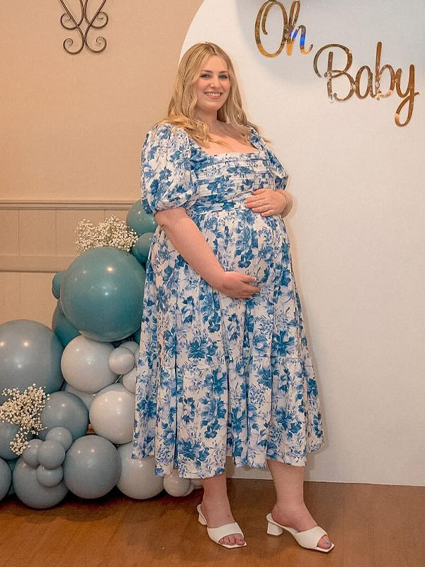 fotobeyou Floral Print U-Neck Cascading Ruffle Elegant Baby Shower Maternity Maxi Dress