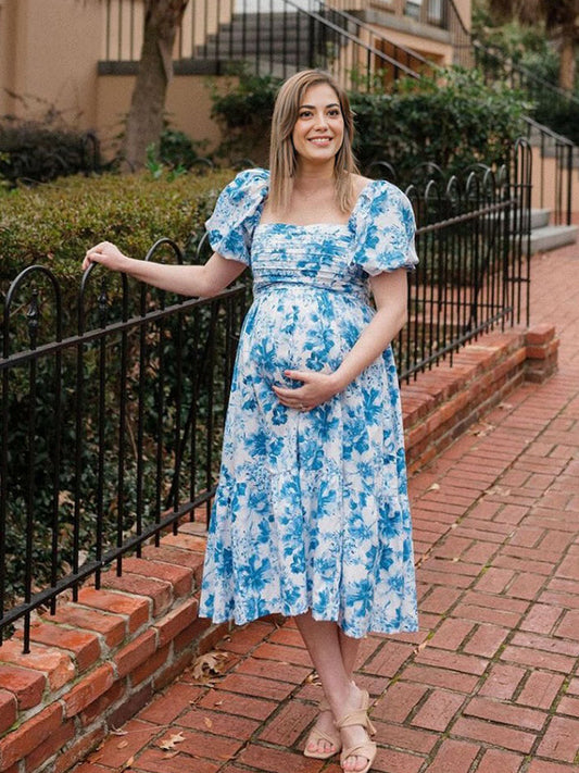 fotobeyou Floral Print U-Neck Cascading Ruffle Elegant Baby Shower Maternity Maxi Dress