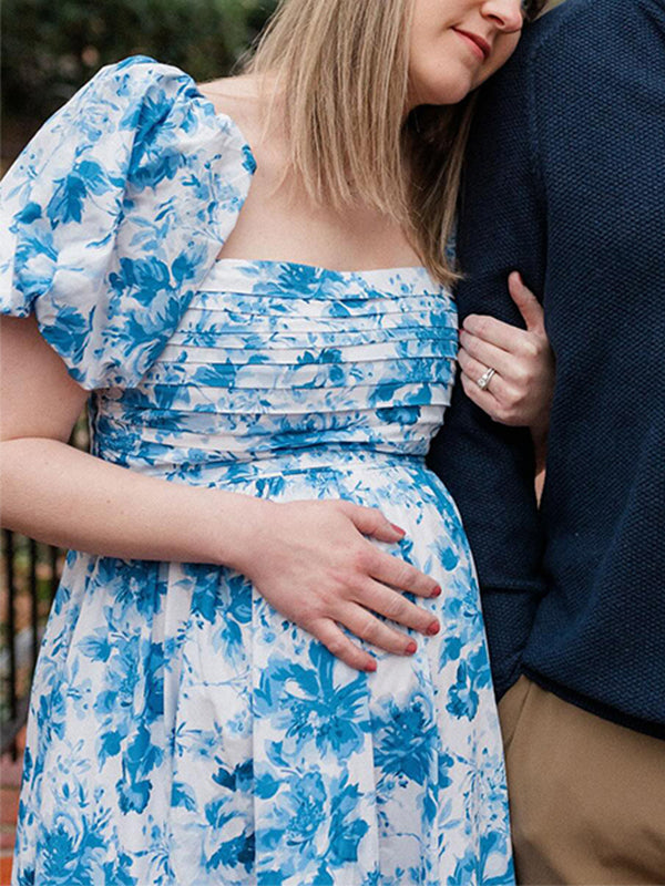 fotobeyou Floral Print U-Neck Cascading Ruffle Elegant Baby Shower Maternity Maxi Dress