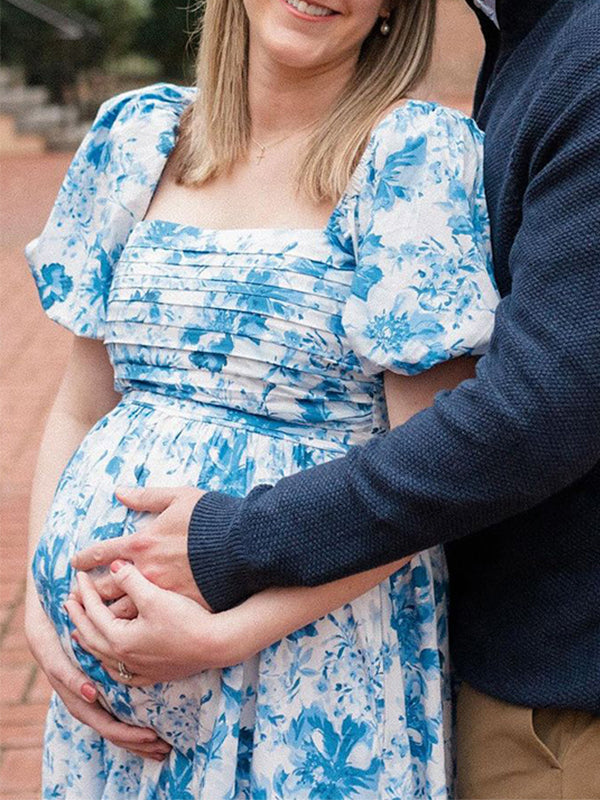 fotobeyou Floral Print U-Neck Cascading Ruffle Elegant Baby Shower Maternity Maxi Dress