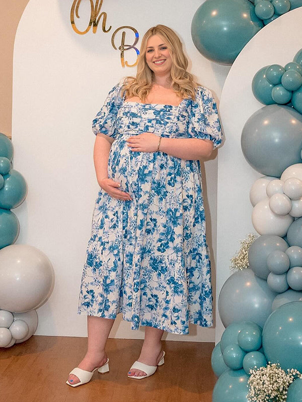 fotobeyou Floral Print U-Neck Cascading Ruffle Elegant Baby Shower Maternity Maxi Dress