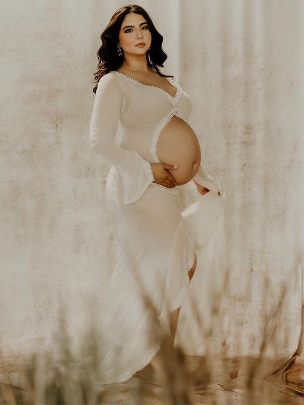 fotobeyou White Ruffle Cut Out Crop Irregular Split Sheer Vacation Dress Bodycon Photoshoot Maternity Maxi Dress