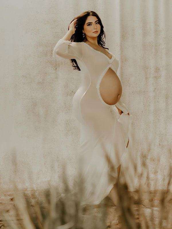 fotobeyou White Ruffle Cut Out Crop Irregular Split Sheer Vacation Dress Bodycon Photoshoot Maternity Maxi Dress
