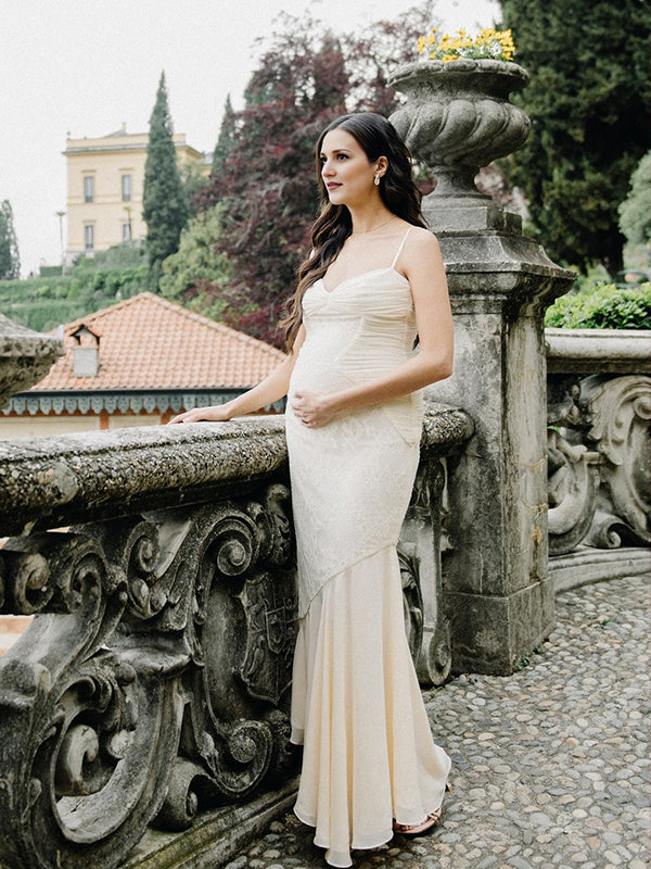 fotobeyou Ivory White Lace Corset Ruched Cami Mermaid Elegant Wedding Gown Maternity Photoshoot Baby Shower Maxi Dress