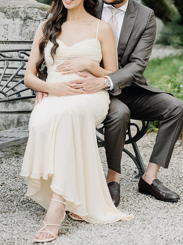 fotobeyou Ivory White Lace Corset Ruched Cami Mermaid Elegant Wedding Gown Maternity Photoshoot Baby Shower Maxi Dress