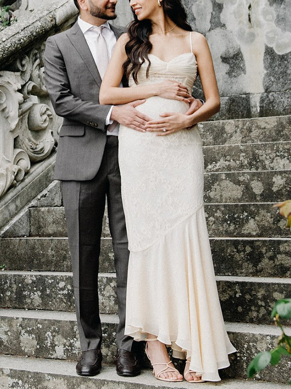 fotobeyou Ivory White Lace Corset Ruched Cami Mermaid Elegant Wedding Gown Maternity Photoshoot Baby Shower Maxi Dress