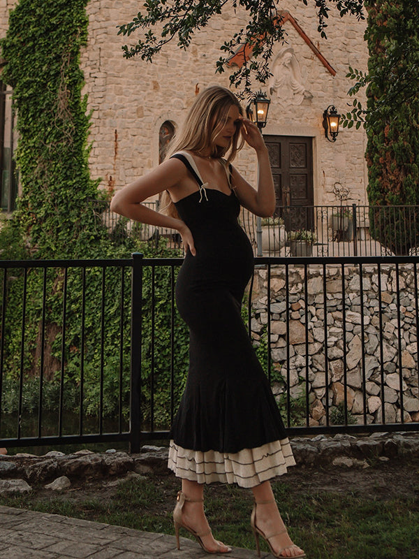 fotobeyou Black Falbala Bow Ruffle Tank Patchwork Mermaid Sweetheart Neckline Elegant Evening Gown Maternity Photoshoot Baby Shower Maxi Dress