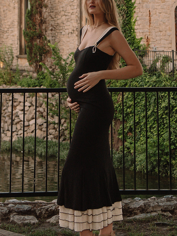 fotobeyou Black Falbala Bow Ruffle Tank Patchwork Mermaid Sweetheart Neckline Elegant Evening Gown Maternity Photoshoot Baby Shower Maxi Dress