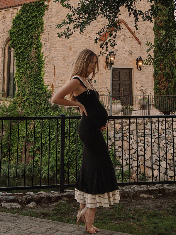 fotobeyou Black Falbala Bow Ruffle Tank Patchwork Mermaid Sweetheart Neckline Elegant Evening Gown Maternity Photoshoot Baby Shower Maxi Dress