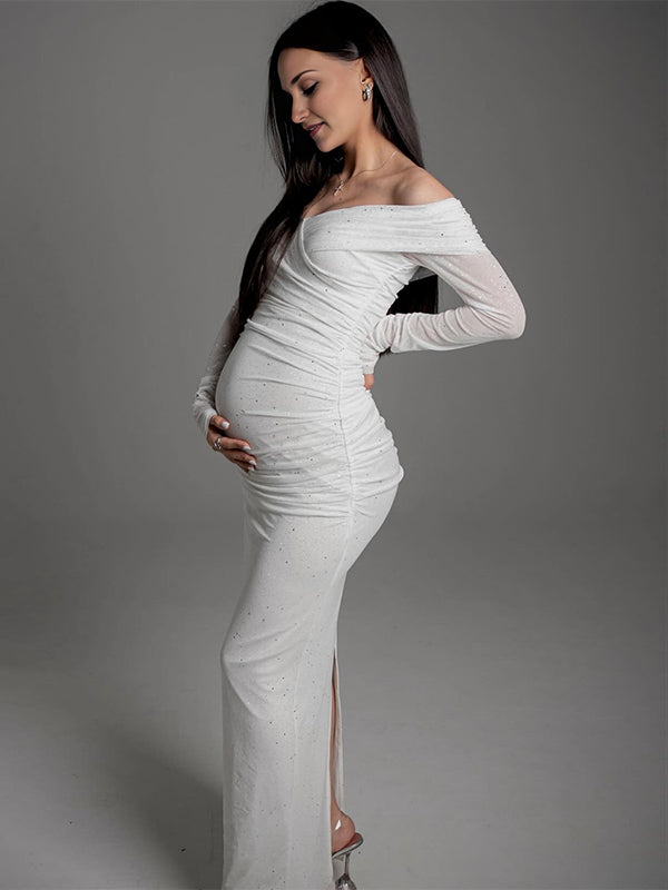 fotobeyou White Off Shoulder Sparkly Back Slit Sheer Bodycon Elegant Baby Shower Evening Photoshoot Maternity Maxi Dress