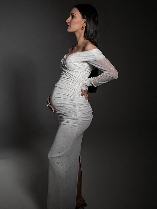 fotobeyou White Off Shoulder Sparkly Back Slit Sheer Bodycon Elegant Baby Shower Evening Photoshoot Maternity Maxi Dress