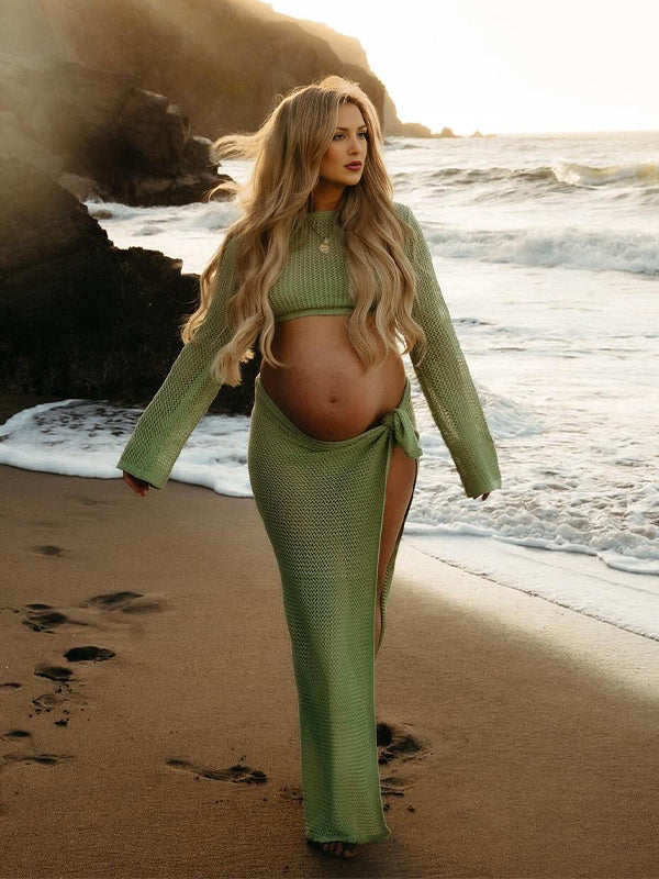 fotobeyou 2-in-1 Cut Out Side Slit Fashion Vacation Cover Up Beach Photoshoot Maternity Maxi Dress