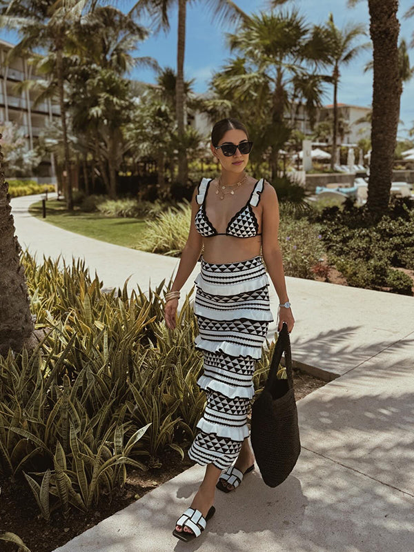 fotobeyou Geometric Falbala Crochet Two Piece Set Halter Neck Bra And Multilayer Ruffle Bodycon Maxi Skirt Elegant Baby Moon Beach Maternity Photoshoot Baby Shower Maxi Dress