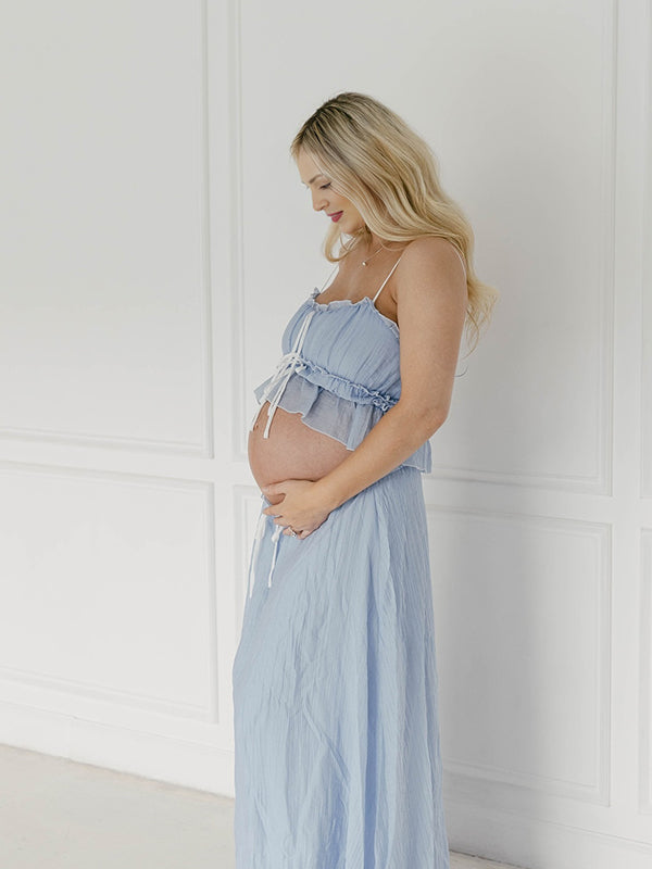 fotobeyou Blue Falbala Two Piece Set Cami Ruffle Crop Top And Big Swing Maxi Skirt Elegant Baby Moon Beach Maternity Photoshoot Baby Shower Maxi Dress