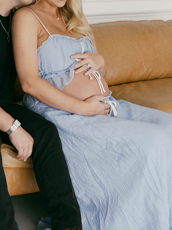 fotobeyou Blue Falbala Two Piece Set Cami Ruffle Crop Top And Big Swing Maxi Skirt Elegant Baby Moon Beach Maternity Photoshoot Baby Shower Maxi Dress