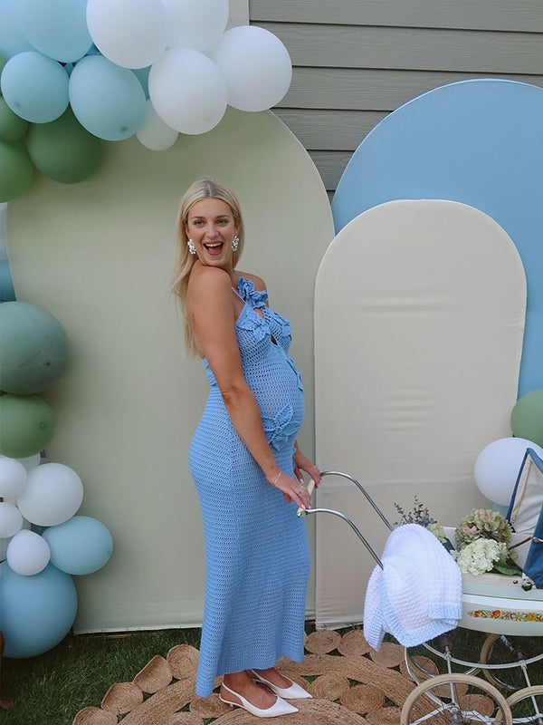 fotobeyou Crochet Hollow Out 3D Flowes Cut Out Halter Neck Cami Bodycon Elegant Baby Moon Beach Maternity Photoshoot Baby Shower Maxi Dress