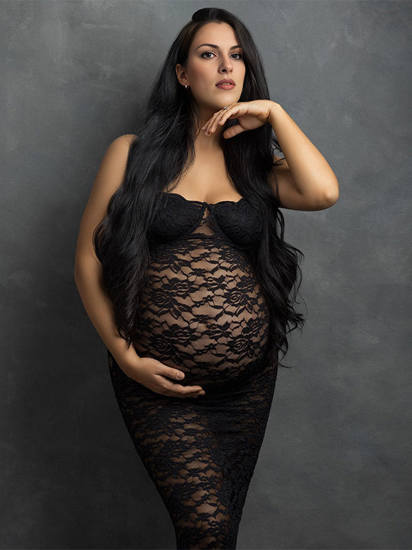fotobeyou Black Lace Back Slit Sheer Bodycon Elegant Photoshoot Maternity Maxi Dress