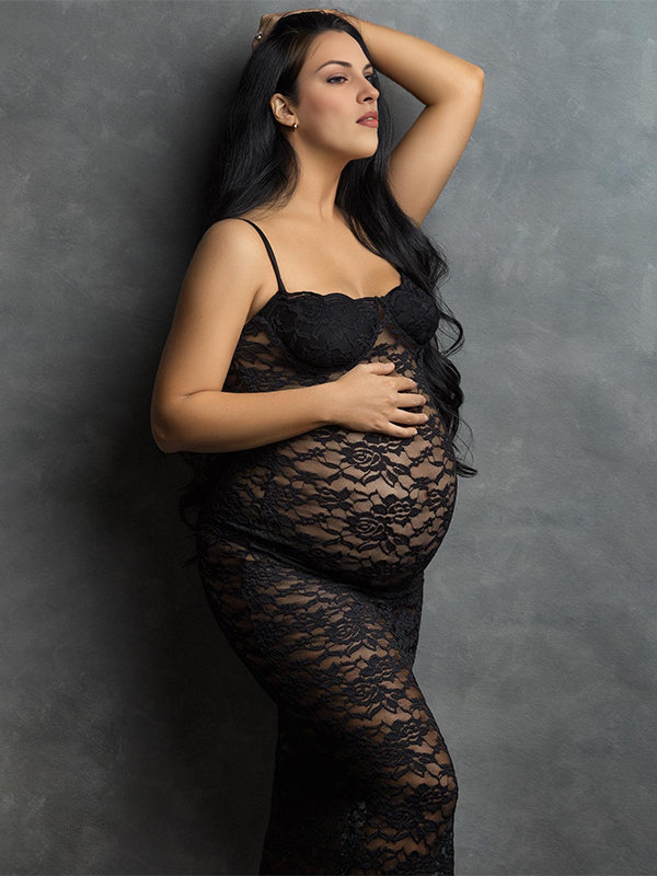 fotobeyou Black Lace Back Slit Sheer Bodycon Elegant Photoshoot Maternity Maxi Dress