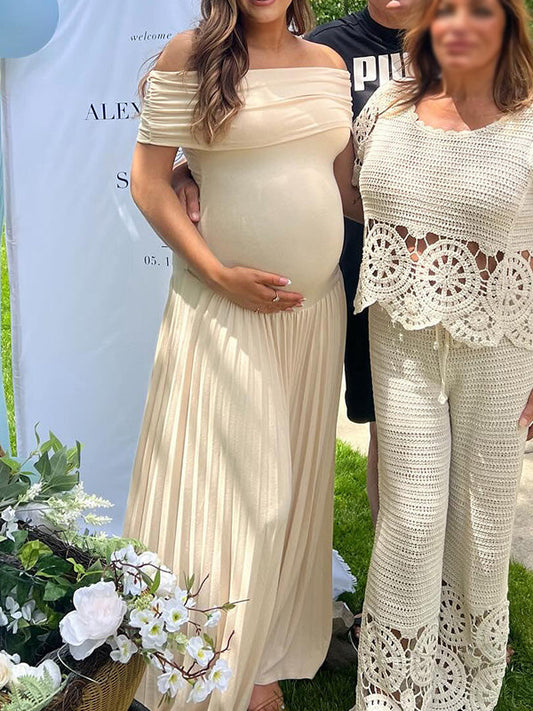 fotobeyou Apricot Off Shoulder Ruched Pleated Big Swing Maternity Baby Shower Maxi Dress