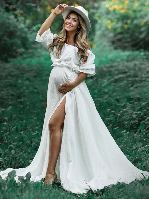 fotobeyou Solid Color Off Shoulder Backless Ruffle Crop Side Slit 2-in-1 Photoshoot Maternity Maxi Dress