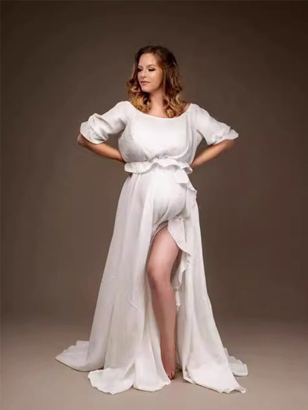 fotobeyou Solid Color Off Shoulder Backless Ruffle Crop Side Slit 2-in-1 Photoshoot Maternity Maxi Dress